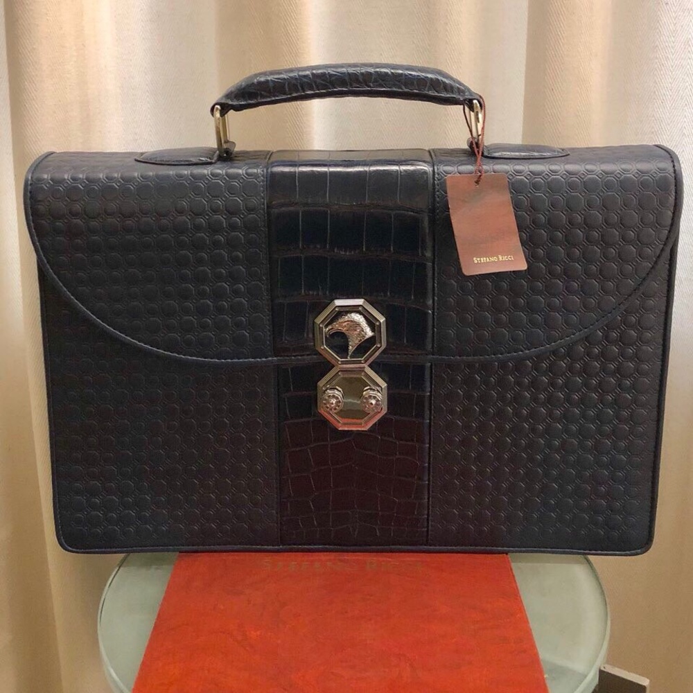 NEW Stefano Ricci Navy Blue Leather/Croc Briefcase